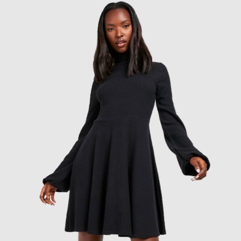 BOOHOO CRINKLE RIB TURTLENECK BLOUSON SKATER DRESS